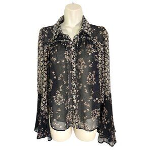 Free People Womens Serena Black Floral Bell Sleeve Sheer Button Up Blouse Size S